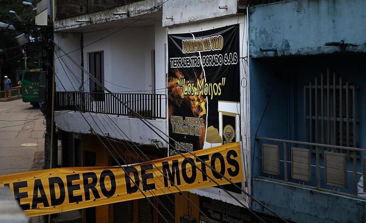 View of a banner from a place that buys gold in Segovia, a gold mining town in the Antioquia department in Colombia, on Monday May 08, 2017.