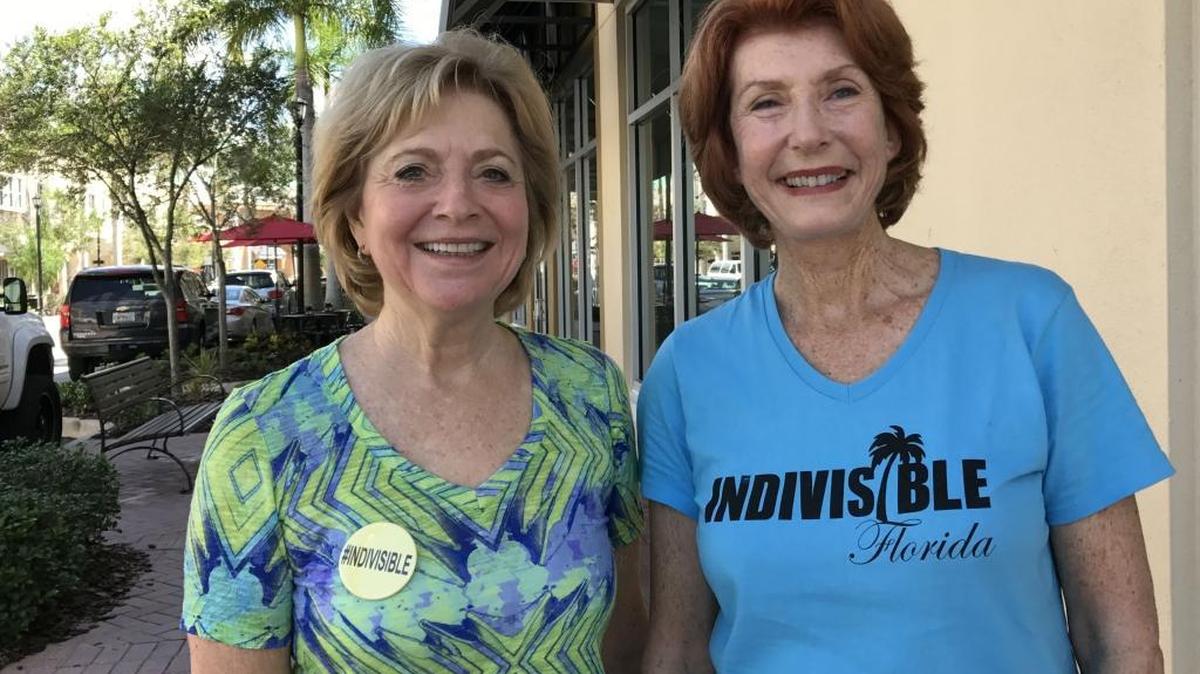 Phyllis Myers, left, and Karen Curlin are co-chairs of Indivisible Lakewood Ranch/East Manatee. A third co-chair, Kathy Garvey, is not shown.