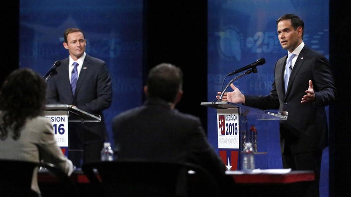 Democratic U.S. Rep. Patrick Murphy, left, and Republican incumbent U.S. Sen. Marco Rubio face off in their second of two debates Oct. 26 at Broward College.