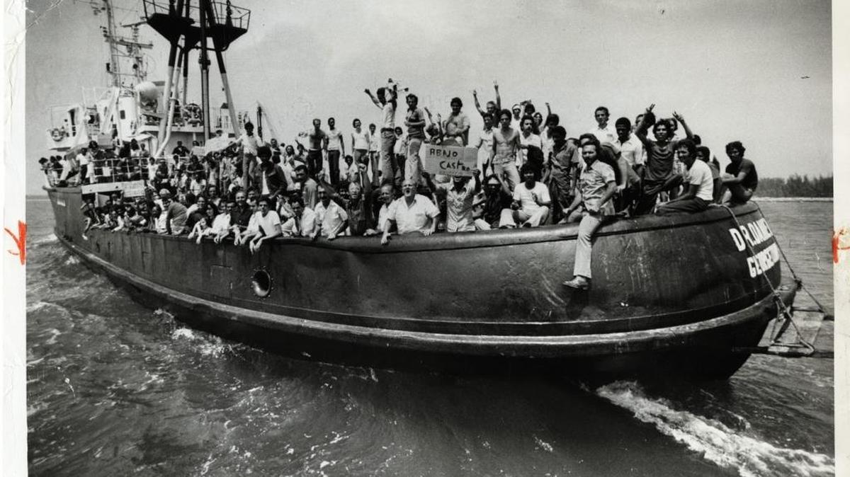 The Dr. Daniels, loaded with 600 to 700 Cuban refugees, pulls into the docks in Key West during the seven-months of the 1980 Mariel boatlift. 