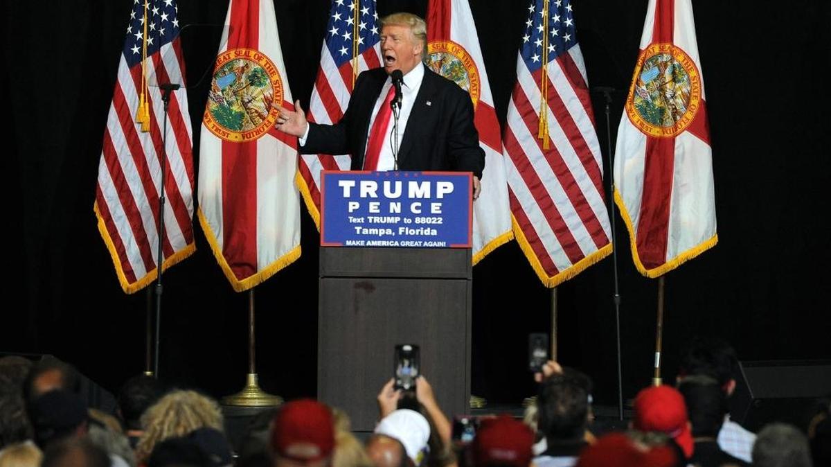 In this file photo, Republican presidential candidate Donald Trump gives a speech at a campaign stop in Tampa at the State Fairgrounds. Trump will speak in Sarasota on Monday.