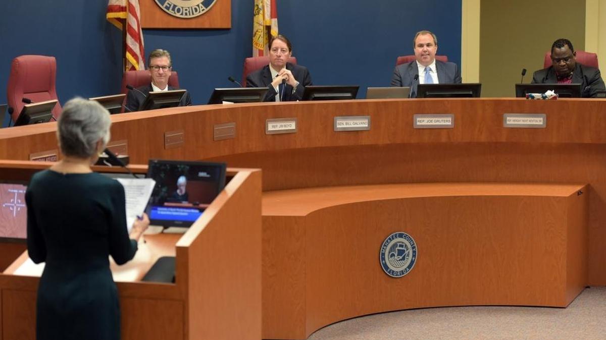 Sandra Stone addresses Rep. Jim Boyd, Sen. Bill Galvano, Rep Joe Gruters and Rep Wengay Newt Newton Sr. at Manatee's Legislative delegation at the county commission chambers.