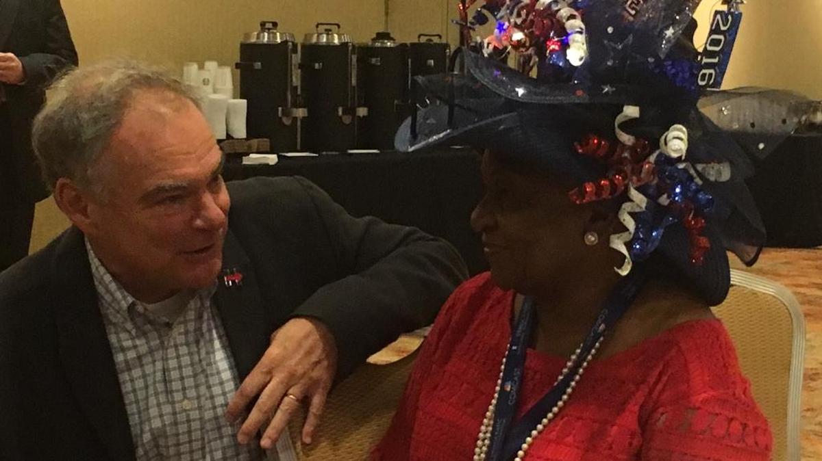 Democratic vice-presidential nominee Tim Kaine poses for a photograph with Florida convention delegate Lavon Bracy of Orlando.