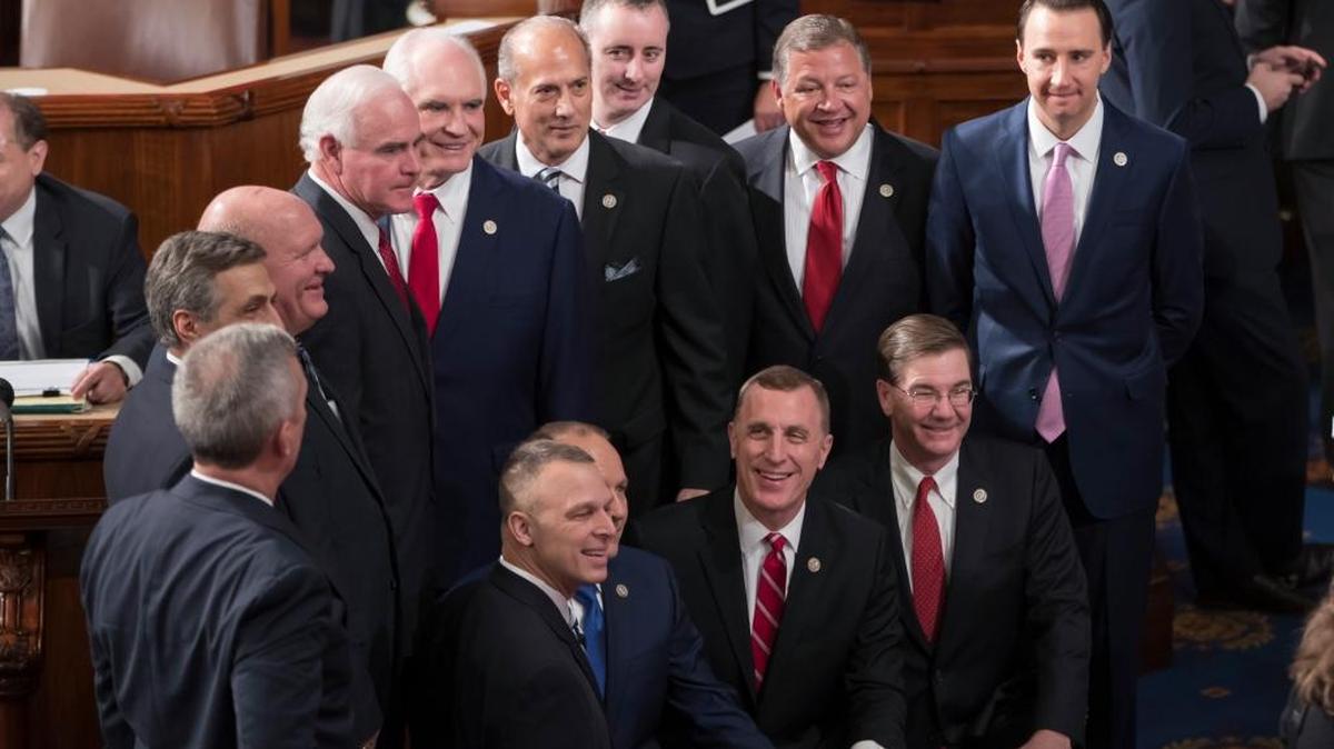 Republican members of the House of Representatives gather for a photo in the House Chamber on Capitol Hill in Washington as the 115th Congress convened on Tuesday.