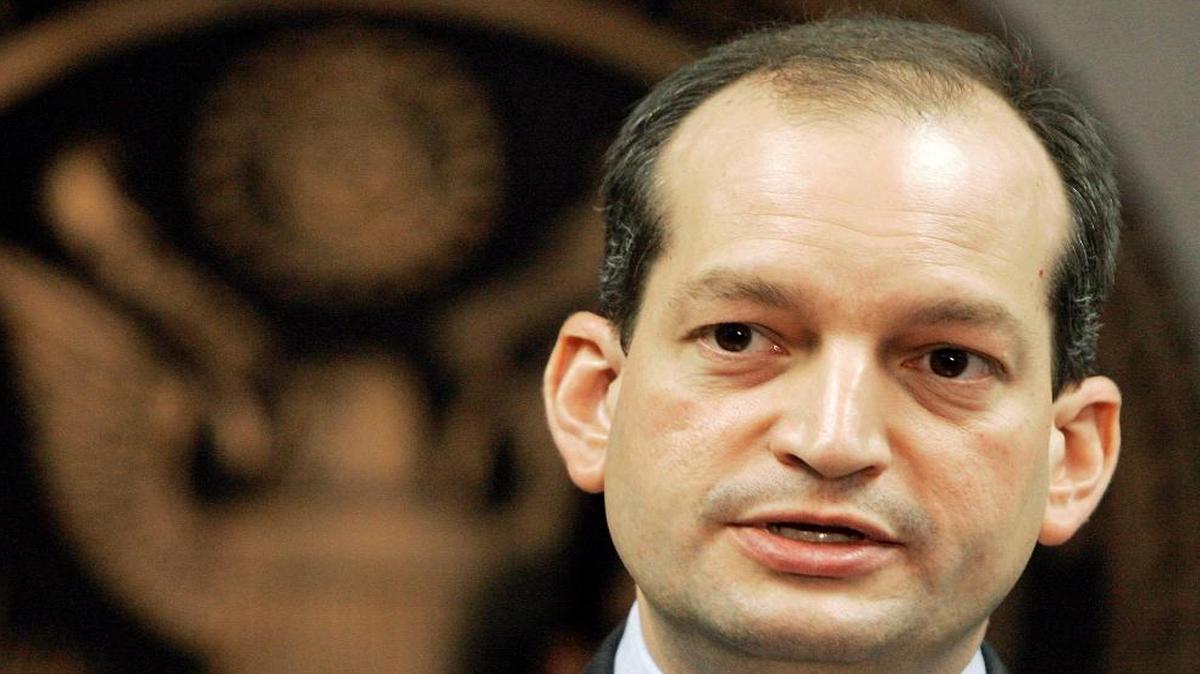 In this Sept. 17, 2008 file photo, Labor Secretary-designate Alexander Acosta speaks in Miami. Acosta is expected to face questions at his Senate confirmation hearing about an unusual plea deal he oversaw for a billionaire sex offender while U.S. attorney in Miami.