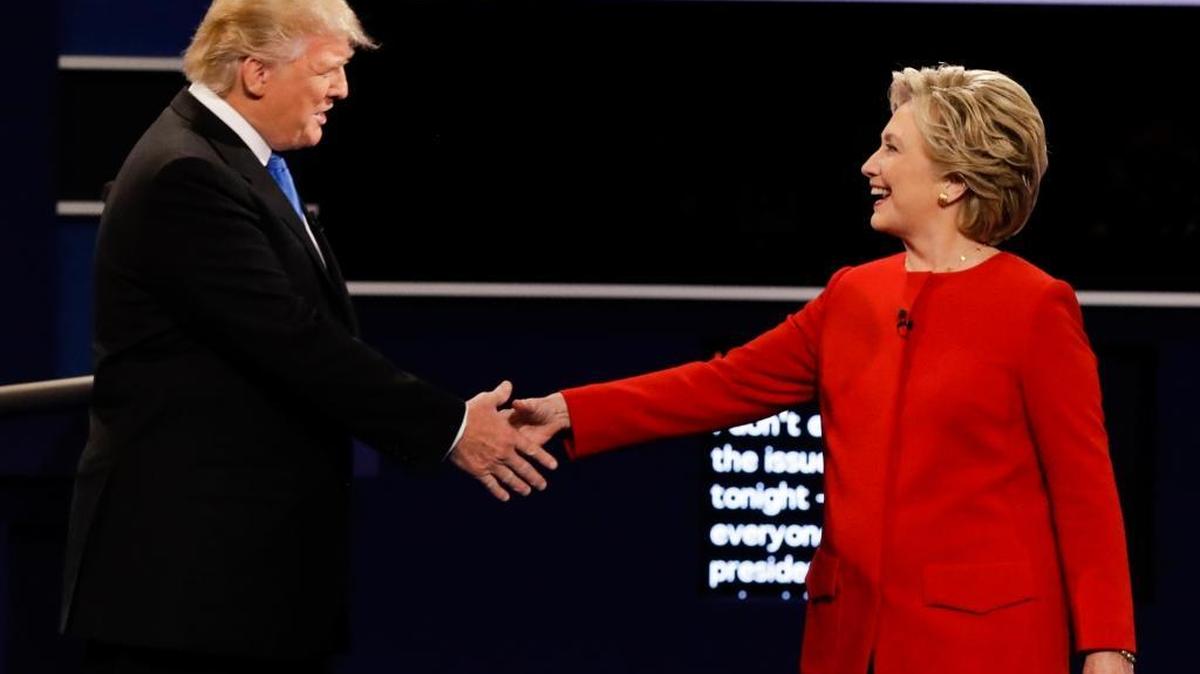 Donald Trump and Hillary Clinton shake hands during the presidential debate at Hofstra University in New York on Sept. 26.