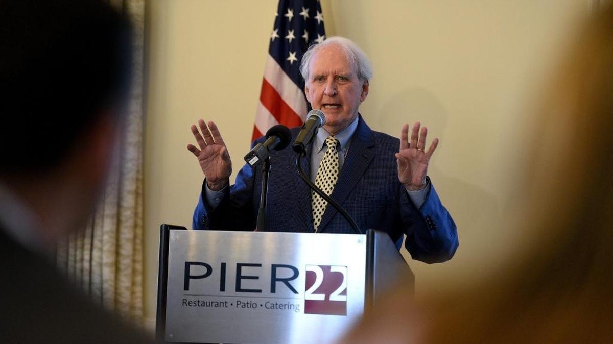 Retired U.S. Congressman Dan Miller addresses the crowd during the Manatee County Bar Luncheon at Pier 22 Wednesday morning.