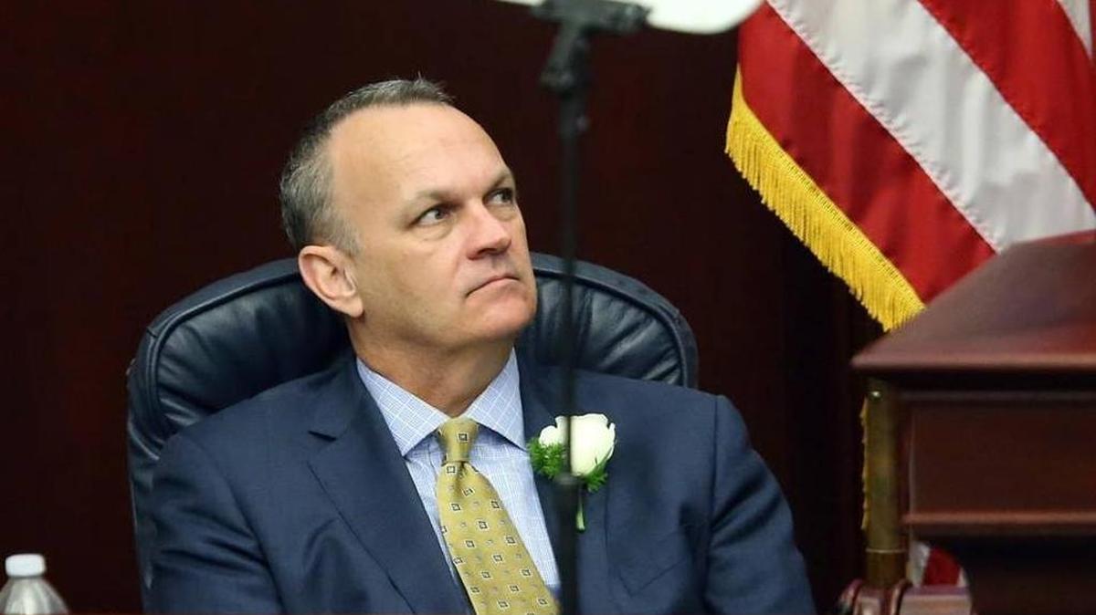 Florida House Speaker Richard Corcoran, R-Land O’Lakes, listens to Gov. Rick Scott’s state of the state address on March 7 in Tallahassee.