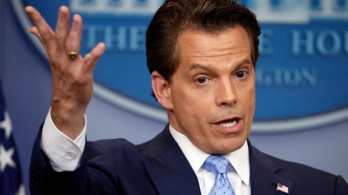 White House communications director Anthony Scaramucci gestures as he answers questions during the press briefing Friday at the White House in Washington.