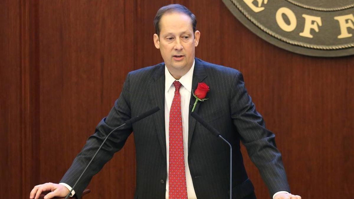 Senate president Joe Negron, R-Stuart, addresses his fellow senators on the first day of the legislative session, Tuesday, Jan. 9, 2018, in Tallahassee.