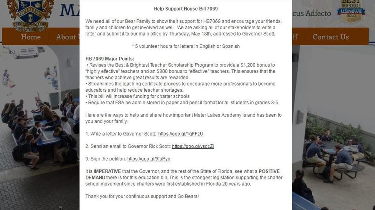 A screengrab of an “alert” posted on the homepage of Mater Academy Lakes High School, which offers parents five hours’ credit toward their volunteer hours at the school, if they write a letter to Gov. Rick Scott in support of HB 7069.