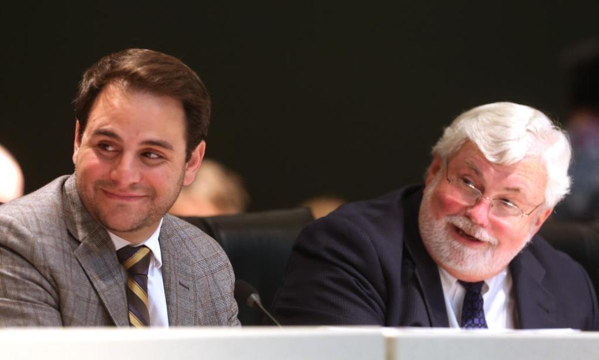 House and Senate Appropriations Chairman Rep. Carlos Trujillo, R-Miami and Sen. Jack Latvala, R-Clearwater, were smiling after lawmakers came to an agreement on a budget, Wednesday, May 3, 2017, in Tallahassee. A final vote will come Monday, May 8 by both the House and Senate.