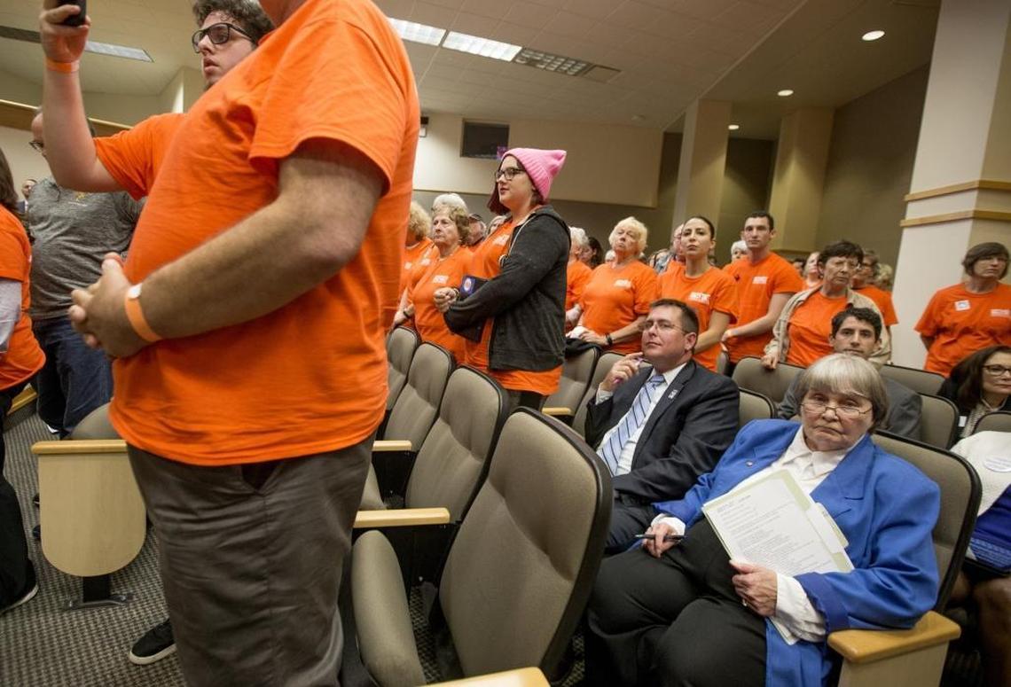 Gun lobbyist Marion Hammer, right, and Eric Friday, general counsel for Florida Carry, sit among protesters during the Senate Rules Committee meeting on gun safety at the Capitol after a rally in Tallahassee, Monday, Feb. 26, 2018.