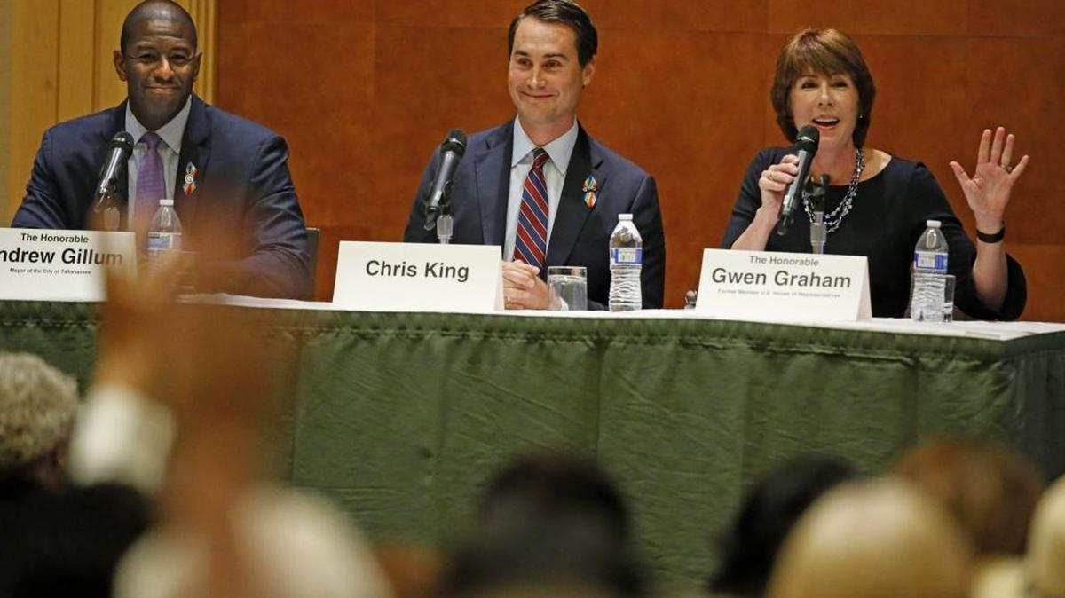 Candidates Andrew Gillum Chris King and Gwen Graham, at right, speak at the Democratic Progressive Caucus of Florida hosts a Gubernatorial Candidate Forum at the Diplomat Beach Resort in Hollywood on June 17, 2017.