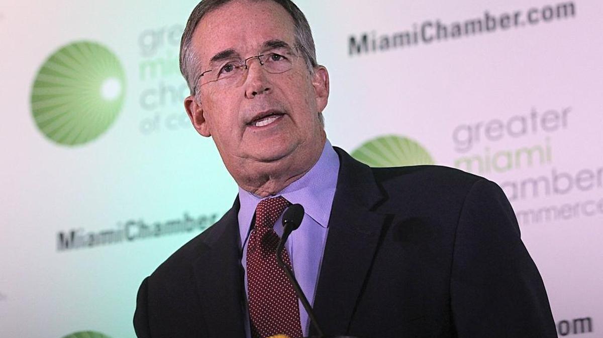 Jeff Atwater, Florida Chief Financial Officer, addresses the Greater Miami Chamber of Commerce Trustee Luncheon at Jungle Island, on Tuesday, January 10, 2017. He announced Friday he is resigning in May to take a position at Florida Atlantic University.