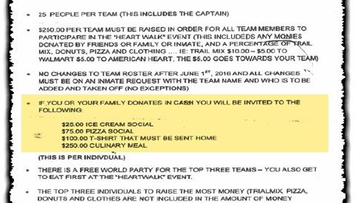Officials at Gadsden Correctional Facility distributed this flyer to inmates and their families with rules about a fundraiser that could earn inmates specialty meals in exchange for donations.