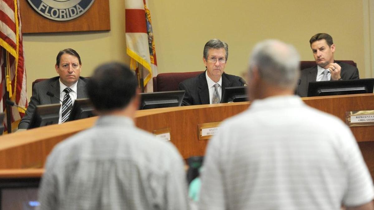 Florida Sen. Bill Galvano, Rep. Jim Boyd and then Rep. Greg Steube listen to comments in 2012 during a meeting of the Manatee County Legislative Delegation in the Manatee County Commission Chambers.