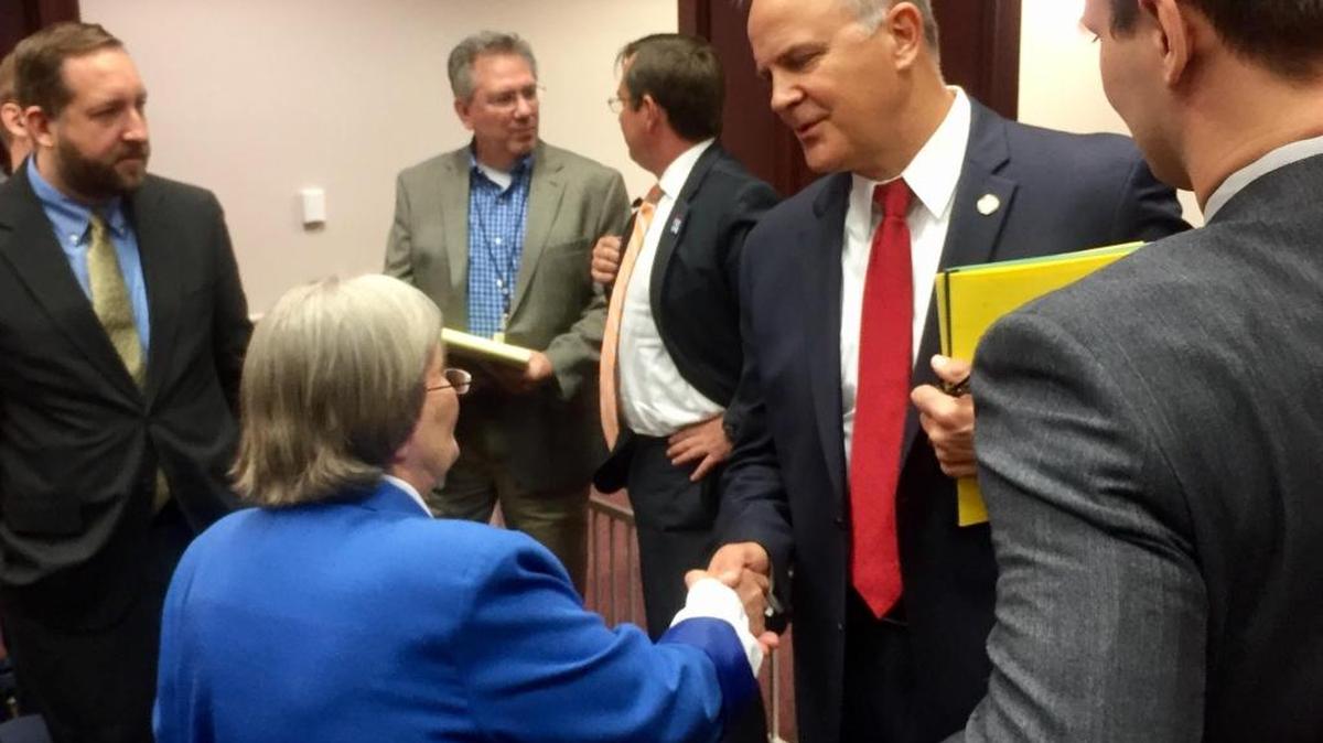 NRA lobbyist Marion Hammer shakes hands with Palatka Republican Rep. Bobby Payne after a House Criminal Justice Subcommittee hearing about proposed changes to ‘Stand Your Ground’ on Wednesday, Feb. 22, 2017. Payne is sponsoring the House bill.