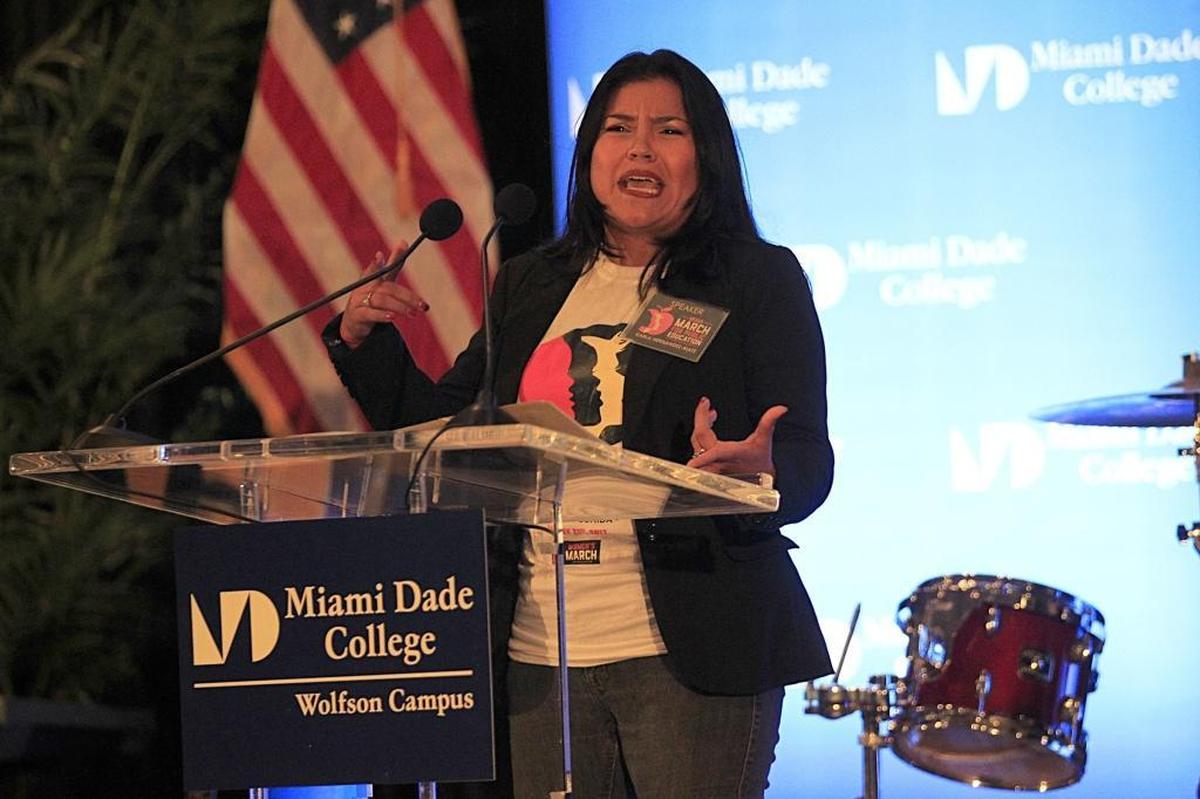 Karla Hernandez-Mats, president of United Teachers of Dade, speaks during the March for Public Education, a tri-county rally/community event in support of public education, at Miami Dade College’s Wolfson Campus in Miami, on Saturday July 22, 2017.