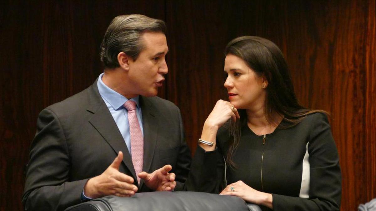 Sen. Rene Garcia and Anitere Flores talk on the floor of the Florida Senate in 2016 during debate on an abortion bill.