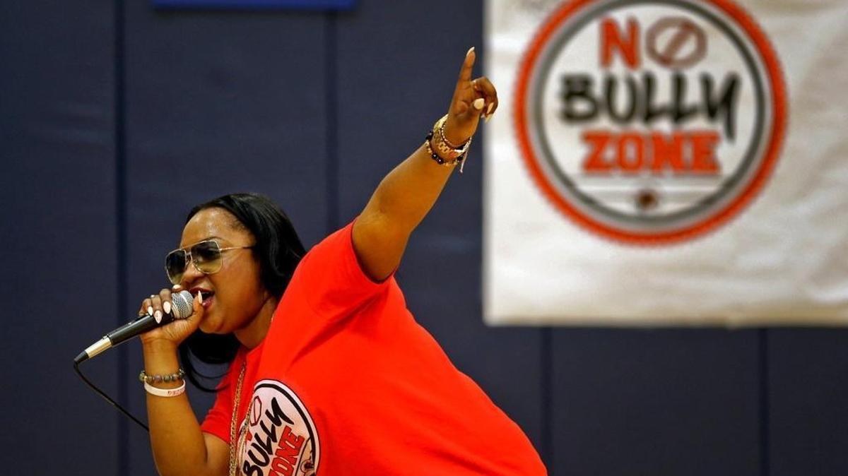 North Miami Middle School students listen to the music and message from Elizabeth Elie, a k a rap artist Lizzie G, on Thursday, March 16, 2017. Lizzie G was on a school tour in Miami presenting an anti-bullying workshop along with positive musical entertainment.