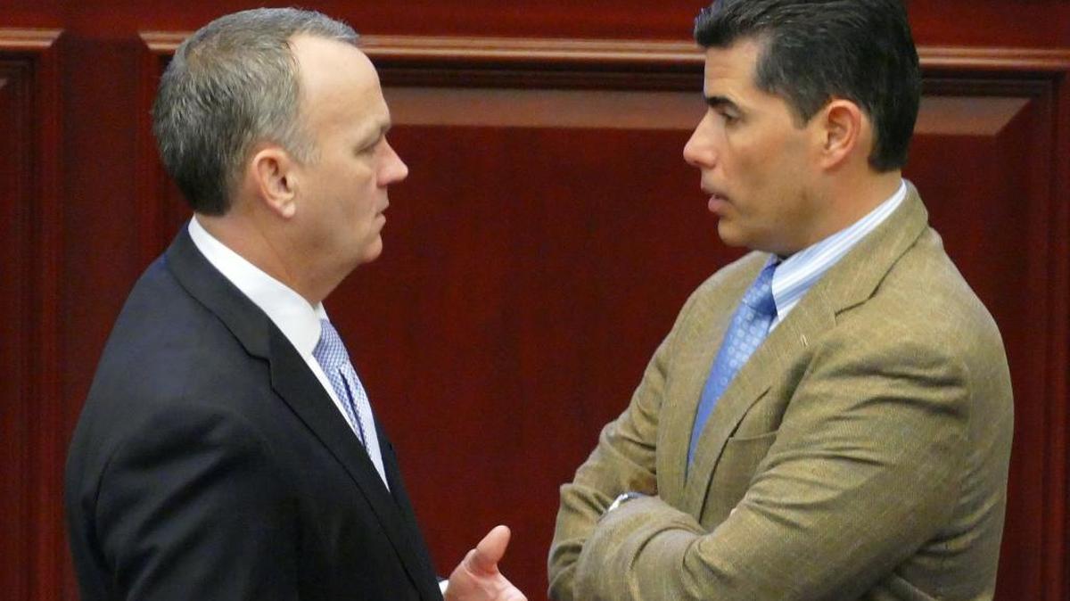 Rep. Richard Corcoran, a Land O’Lakes Republican who is now House speaker, talks with Rep. Jose Oliva, R- Miami Lakes, on the House floor during the 2016 session.