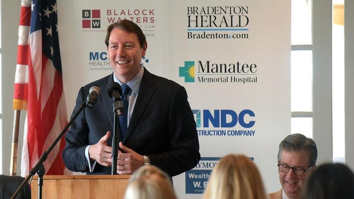 Florida state Sen. Bill Galvano addresses the crowd at the Manatee Chamber of Commerce’s annual Pancakes & Politics legislative preview Jan. 30 at the IMG Academy Golf Club.
