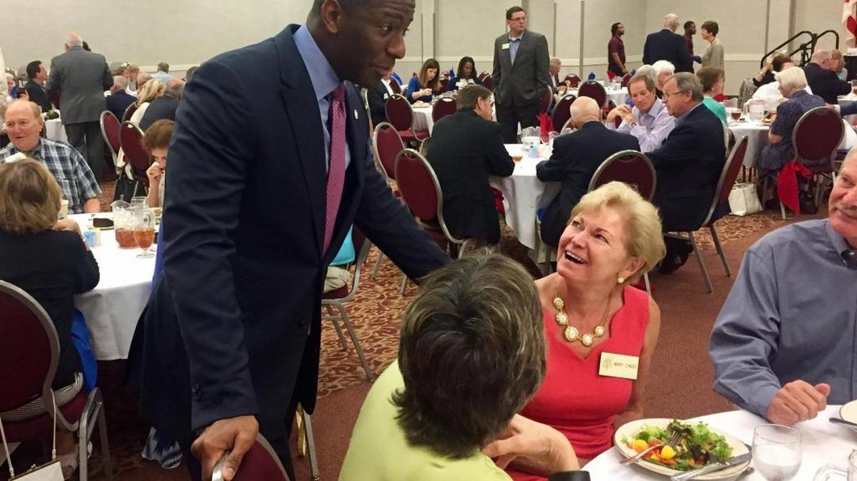 Tallahassee Mayor Andrew Gillum, a Democratic candidate for governor in 2018, talks to members of the Capital Tiger Bay Club in Tallahassee before delivering a luncheon speech on Wednesday, May 31, 2017.