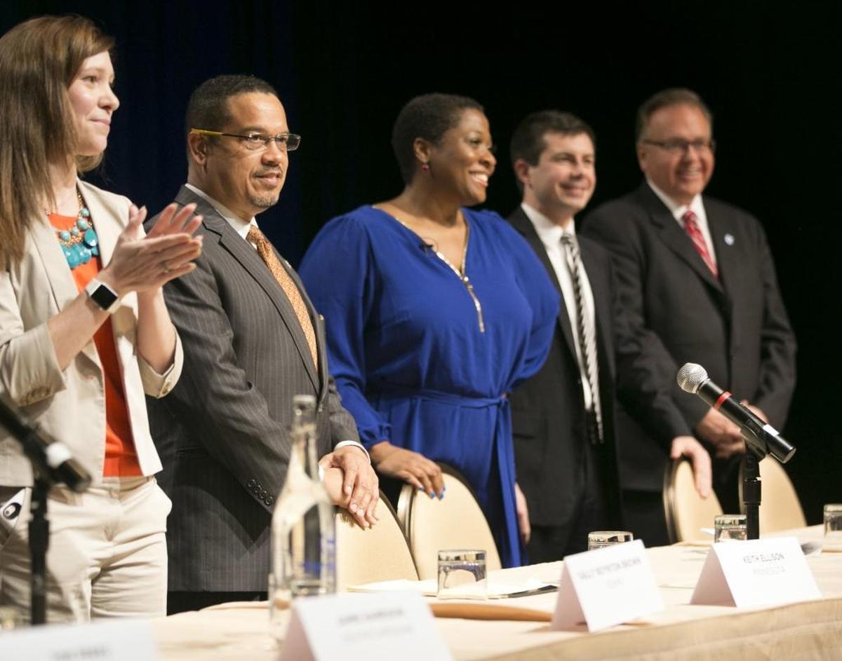 Sally Boynton Brown, far left, then a candidate for Democratic National Committee chairwoman, speaks at a January forum in Phoenix.