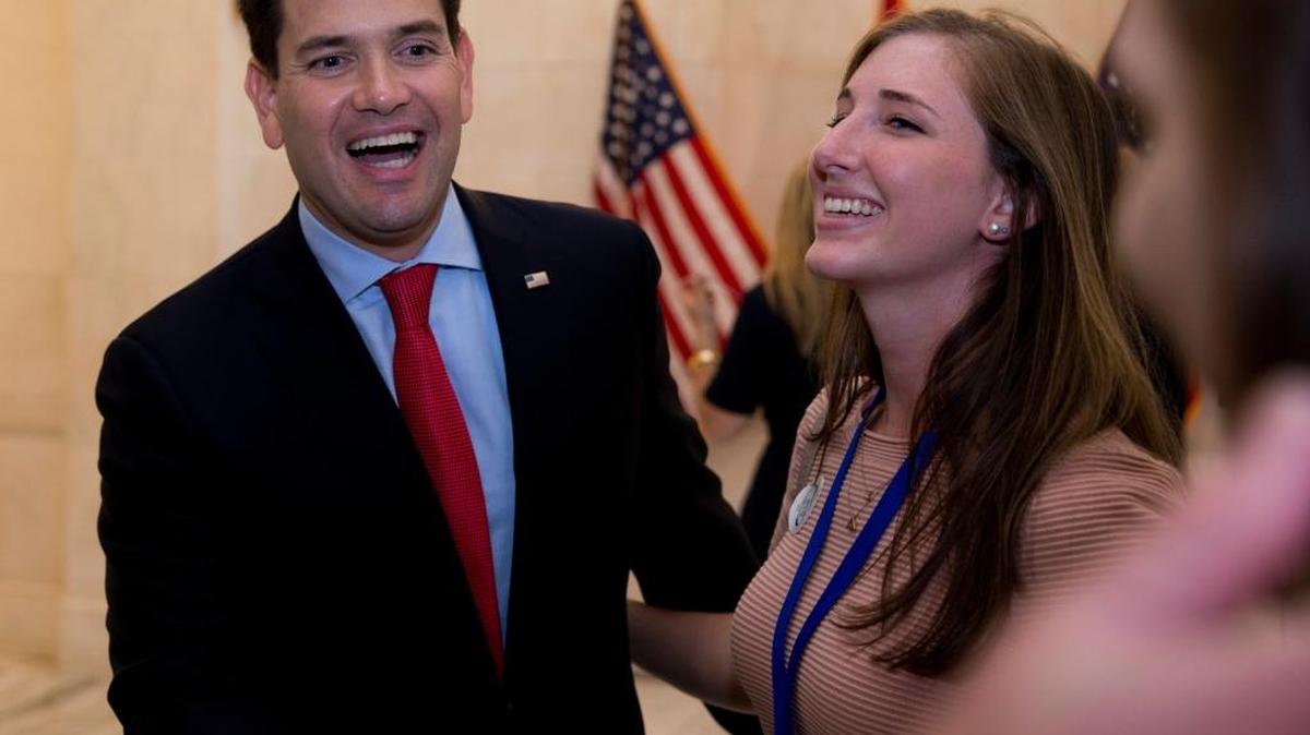 Sen. Marco Rubio greets people outside his office on Capitol Hill in Washington, Wednesday, June 22, 2016.