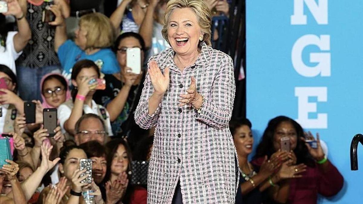 Hillary Clinton greets supporters at a rally in Coral Springs.