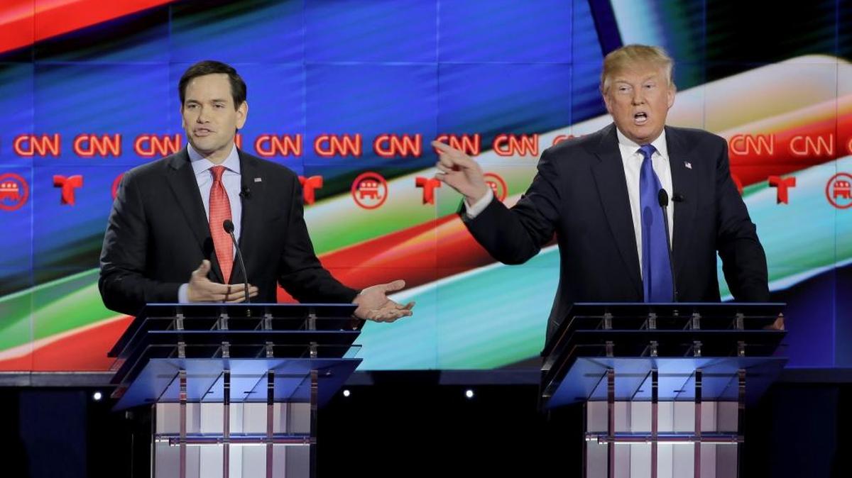 During the primaries: Then-Republican presidential candidate, Sen. Marco Rubio, R-Fla., left, and Republican presidential candidate, businessman Donald Trump both speak during a Republican presidential primary debate at The University of Houston, Thursday, Feb. 25, 2016, in Houston.