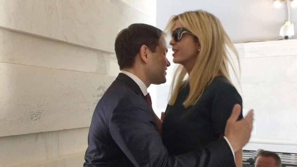 Florida Sen. Marco Rubio hugs Ivanka Trump outside the U.S. Capitol on June 20, 2017.