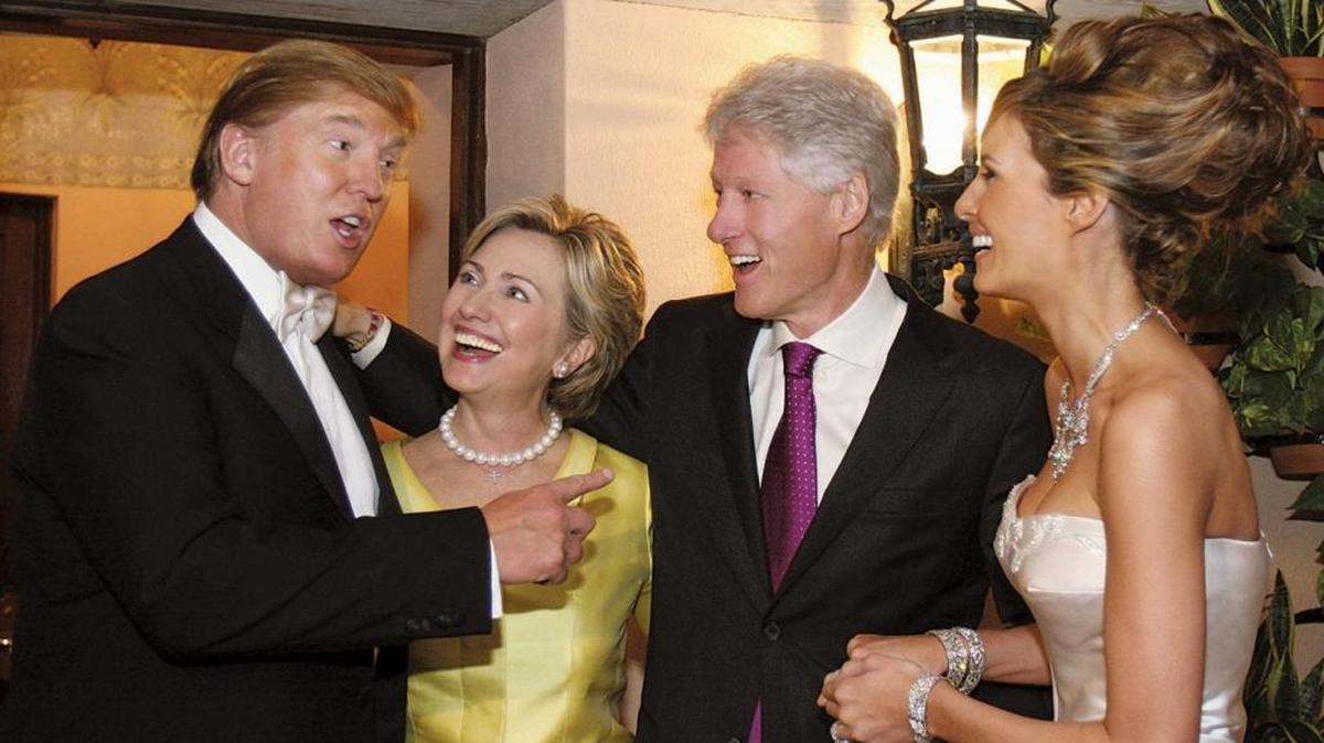 Newlyweds Donald Trump Sr. and Melania Trump with Hillary Rodham Clinton and Bill Clinton at their wedding reception held at The Mar-a-Lago Club in January 22, 2005, in Palm Beach.