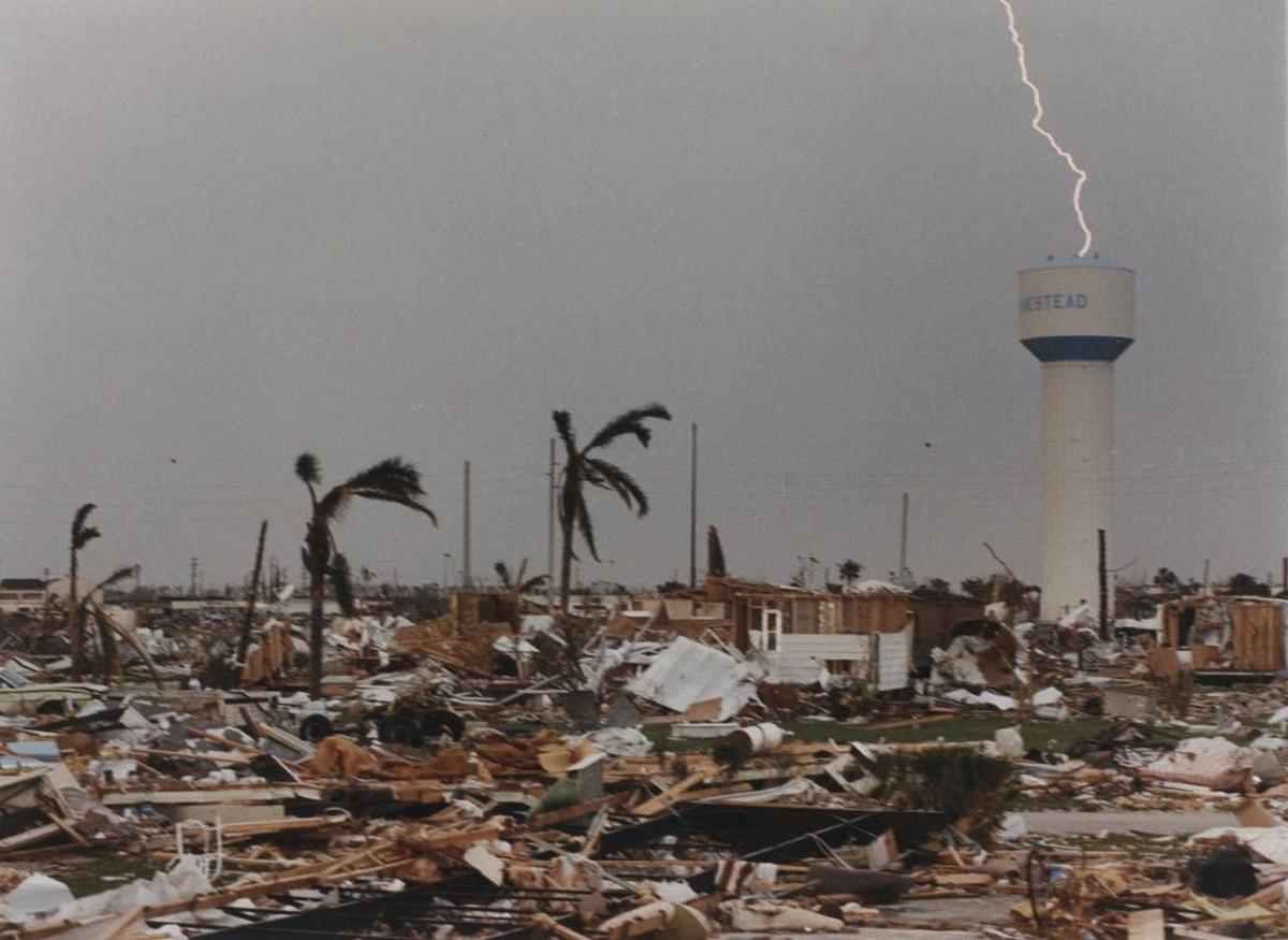 Lightning struck as thunderstorms swept through the ruins of Homestead in the days after Hurricane Andrew struck in 1992.