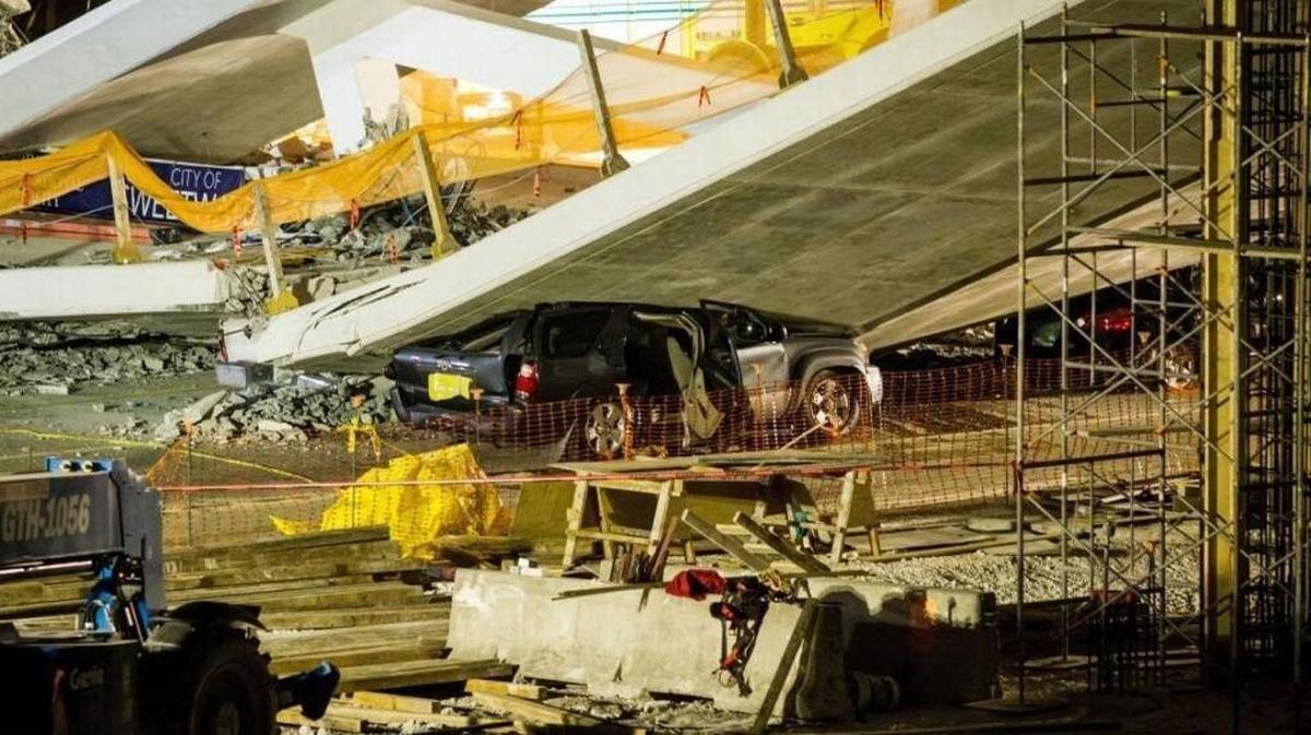 Pictured is the blue SUV driven by 18-year-old Florida International University student Alexa Duran when she was killed by a 174-foot walkway being constructed near FIU during a bridge collapse on March 15, 2018. Richard ‘Richie’ Humble, a 19-year-old FIU student who escaped the vehicle alive, filed a civil lawsuit claiming the firms involved in the bridge’s construction acted negligently and should have re-routed traffic.