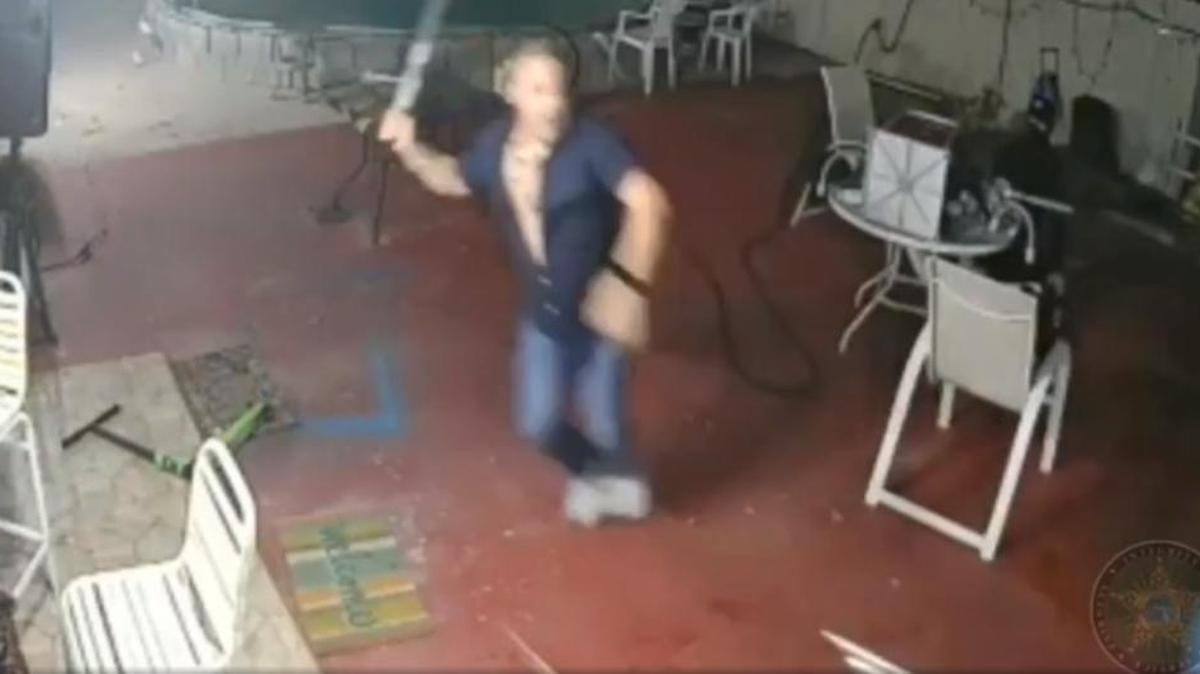 Surveillance video captures a man, armed with a machete, chasing armed robbery suspects from the home and detains one until deputies arrive to make an arrest.