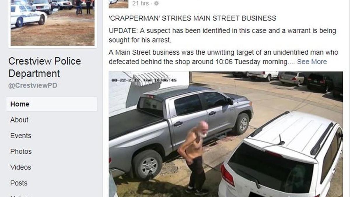 Crestview police are looking for a man who defecated near a Main Street business.