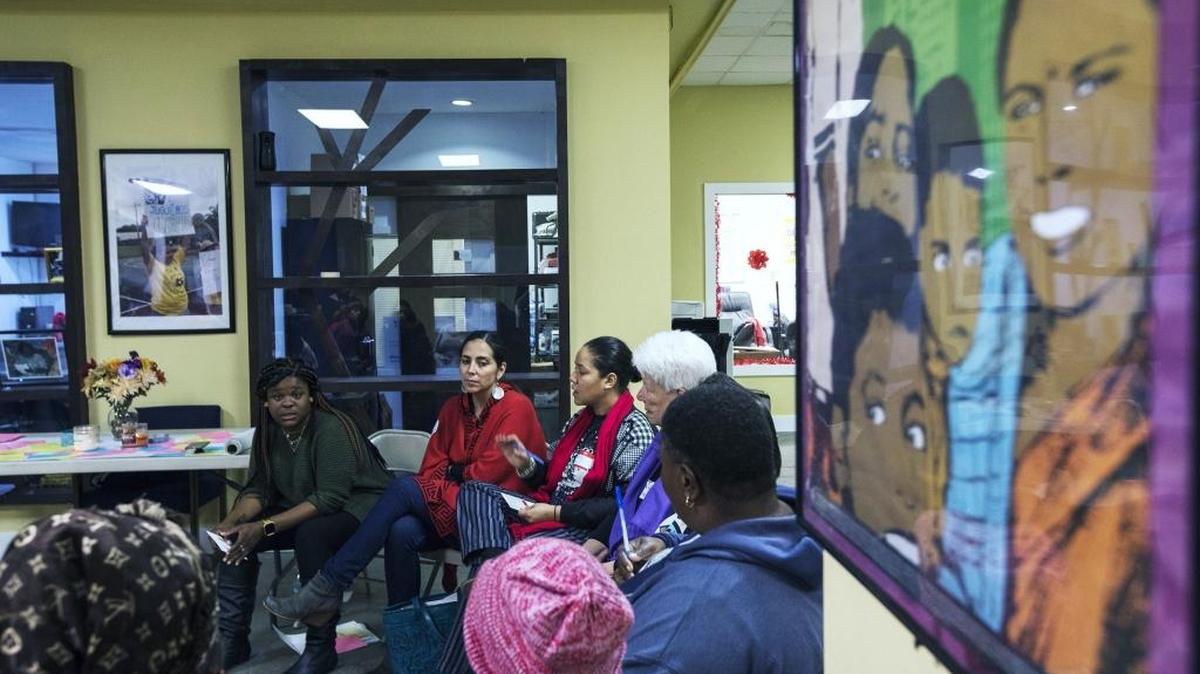 Victims of abuse gather at the Miami Workers Center.