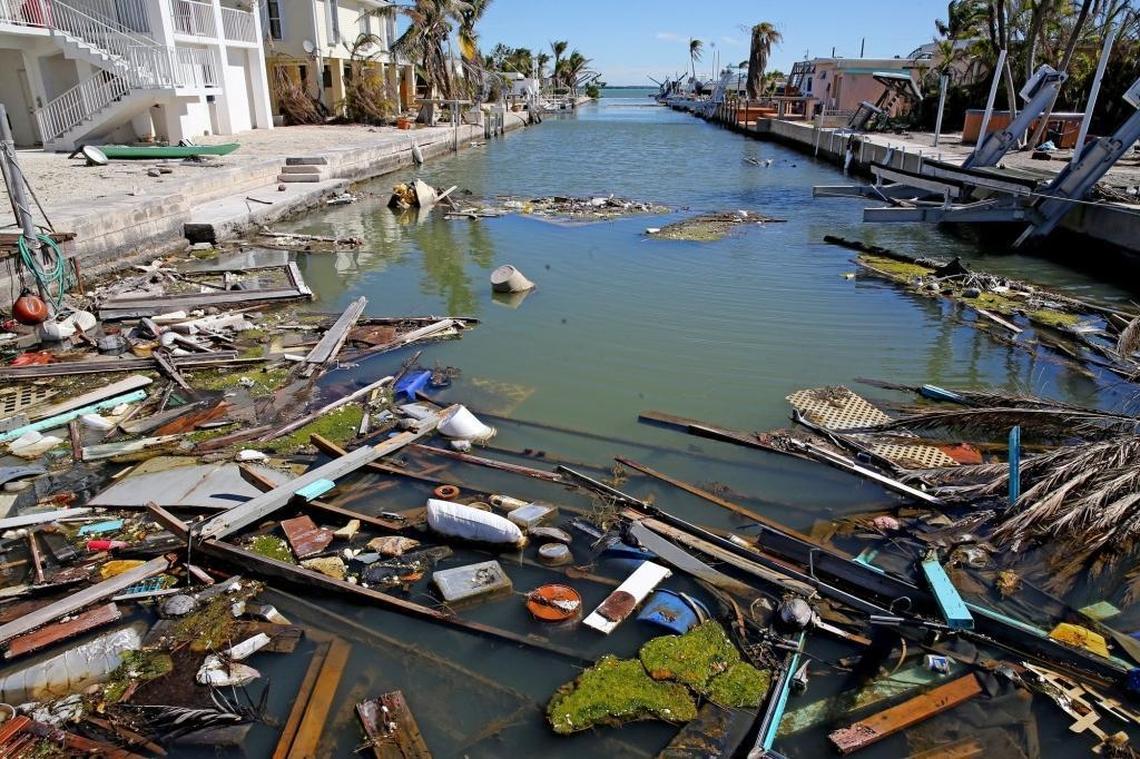 Debris in a canal on Big Pine Key in the Florida Keys, January 18, 2018. Debris has littered the canals in the Keys after Hurricane Irma ravaged the middle keys in September.