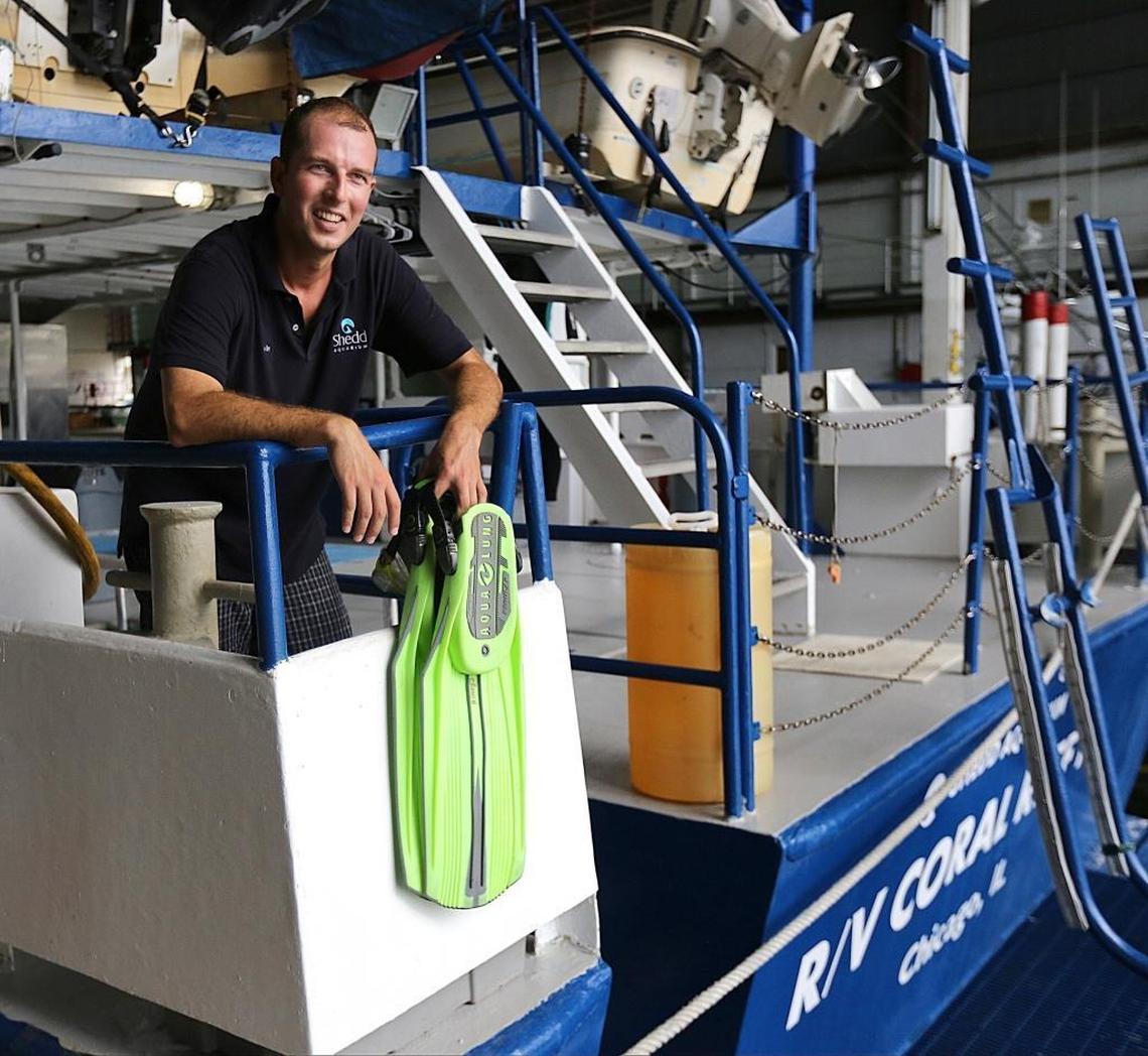 Shedd Aquarium researcher Andrew Kough set sail from Miami in August 2017 for a 12-day research trip to Exuma to find and document young queen conchs.