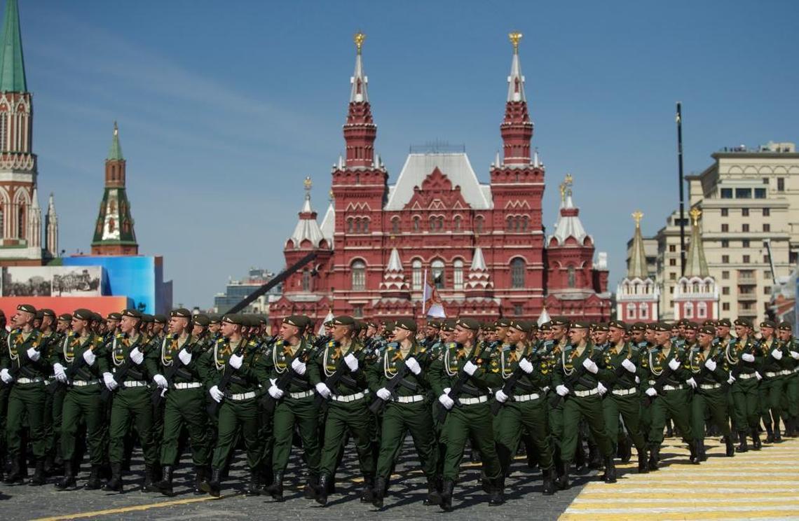 Russian army soldiers march along Red Square during a general rehearsal for the 2015 Victory Day military parade to celebrate 70 years since the Soviet Union’s victory in World War II.