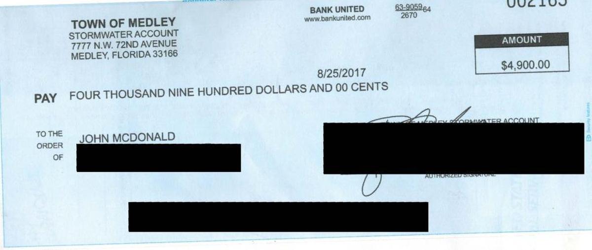 A fake check from the town of Medley is part of a nationwide criminal scheme.