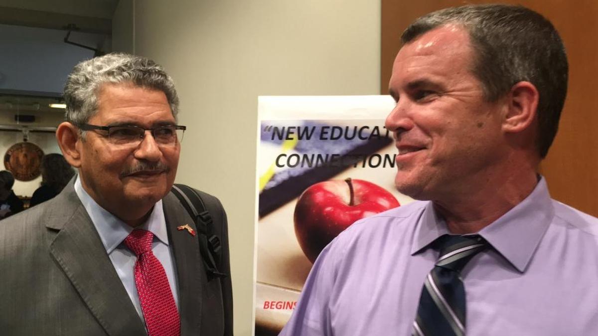 Manatee County school board members John Colon, left, and Charlie Kennedy talk about the creative way the district revised the school schedule to make up four days lost to Hurricane Irma.