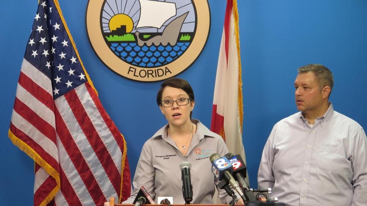 Manatee County Emergency Management Chief Sherilyn Burris, left, stands with Manatee County Information Outreach Manager Nick Azzara, right, to urge Manatee County residents to have a plan and be prepared for possible evacuations.