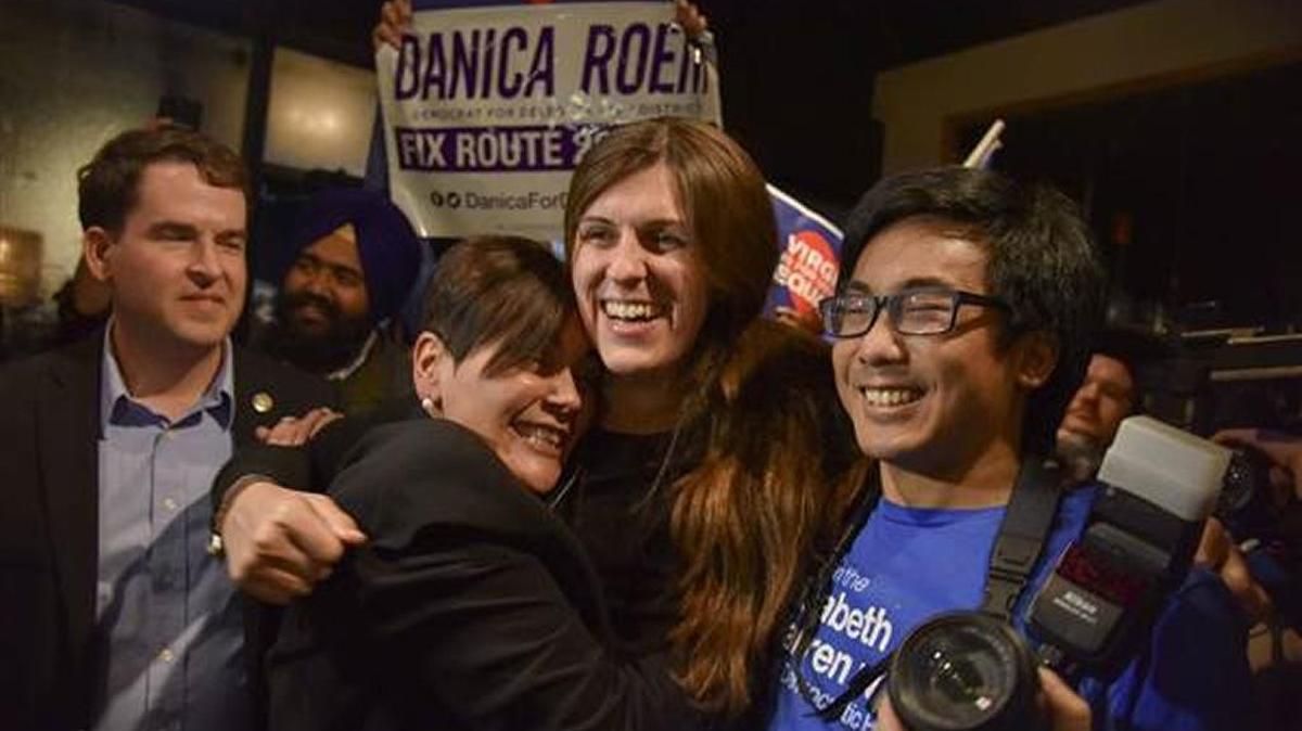 Danica Roem is greeted by supporters as she prepares to give her victory speech on Tuesday.