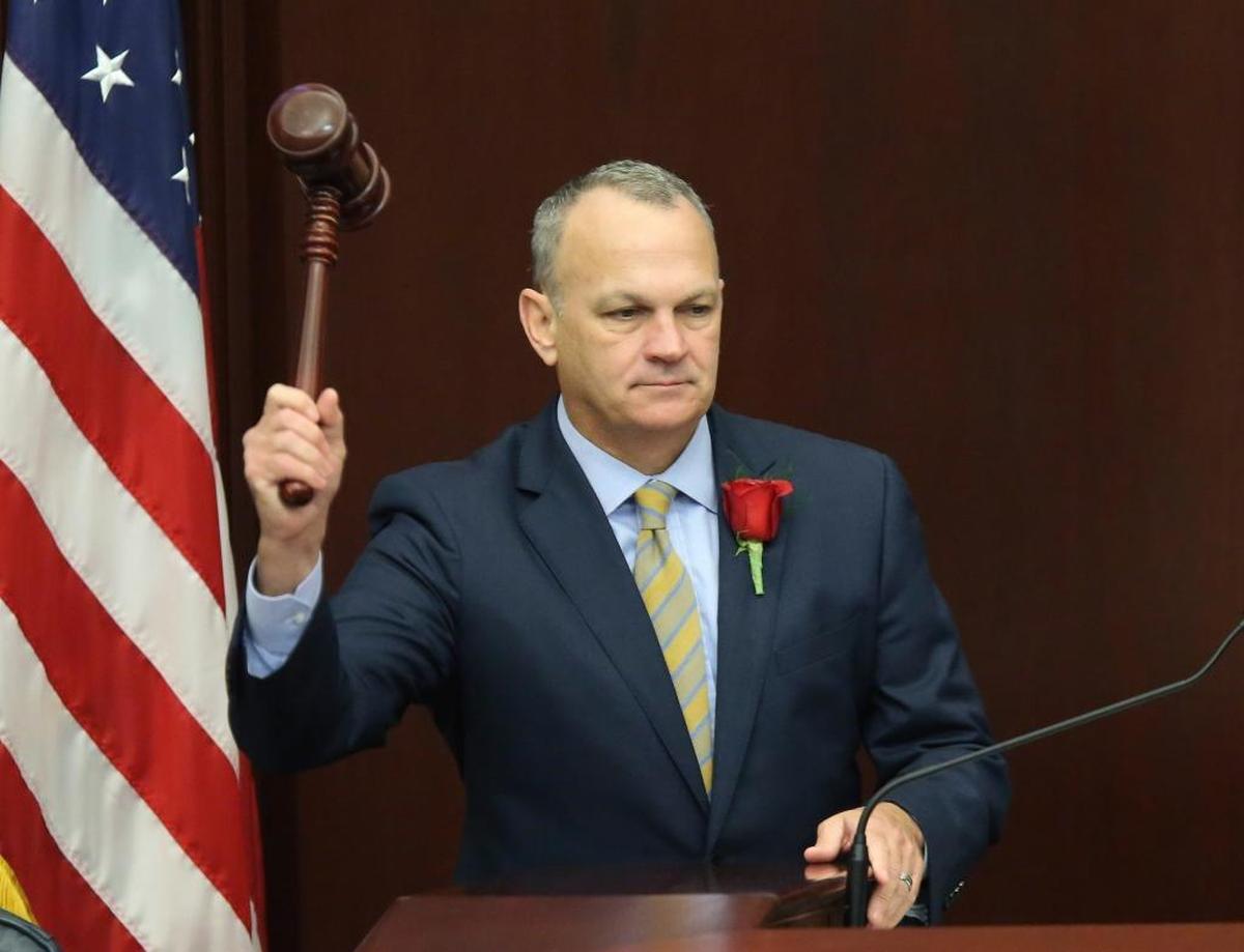 House speaker Richard Corcoran, R-Land O'Lakes, pounds the gavel to start the first day of legislative session, Tuesday, Jan. 9, 2018, in Tallahassee.