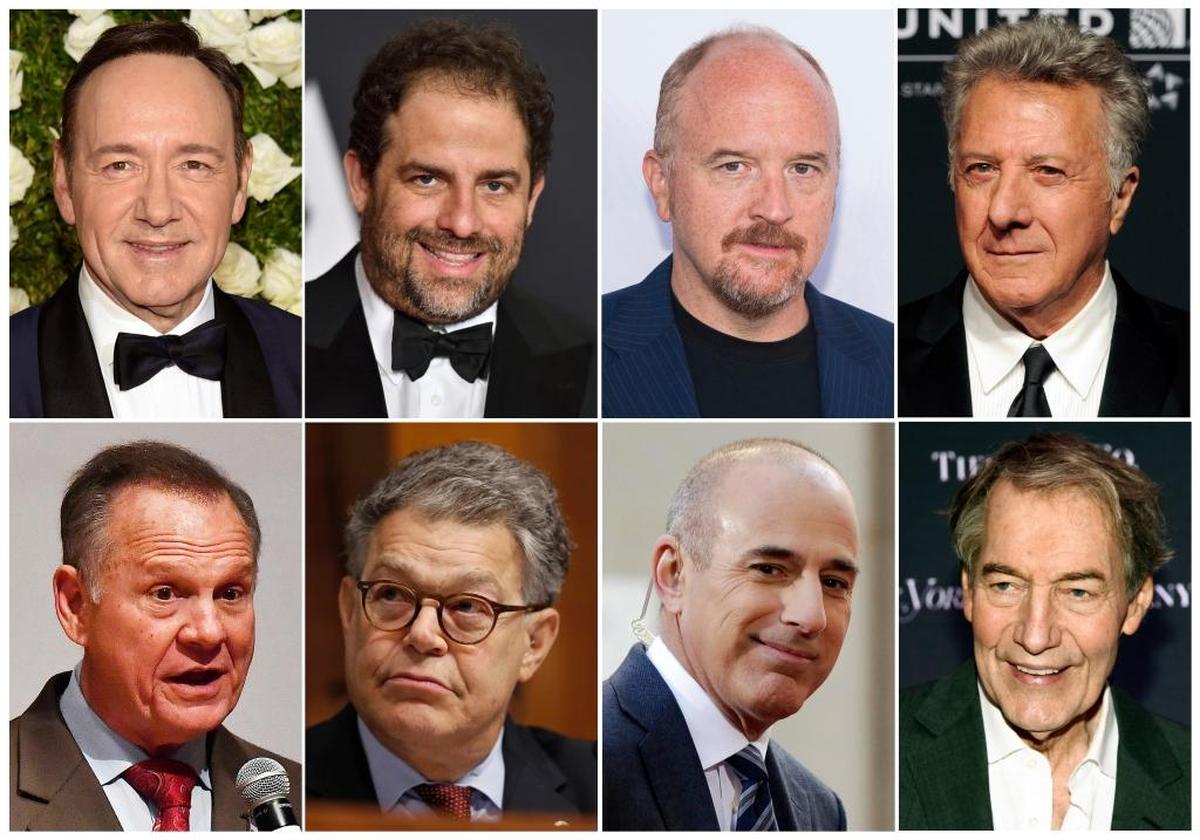 This combination photo shows, top row from left, Kevin Spacey, Brett Ratner, Louis C.K., Distin Hoffman, and bottom row from left, former Alabama Senate candidate Roy Moore, Sen. Al Franken, D-Minn., former "Today" morning co-host Matt Lauer and former "CBS This Morning" co-host Charlie Rose, all of whom have been accused of sexual misconduct.
