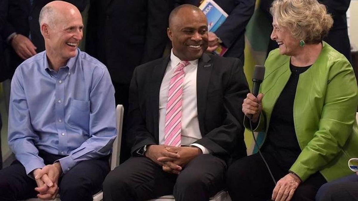 Ken Lawson, then the head of Visit Florida and now director of the Florida Department of Economic Opportunity, sits with then-Gov. Rick Scott, and Nancy Detert in a 2017 Fighting for Florida Jobs Roundtable in Manatee County. Lawson is now in charge of the unemployment system that was put in place during Scott’s time as governor.