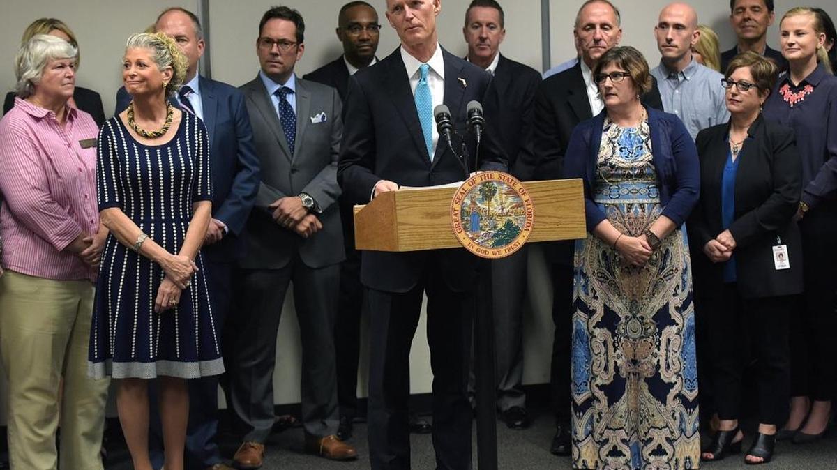 Gov. Rick Scott announced February jobs numbers at the E. R. Bealls Center in Bradenton on Friday morning.